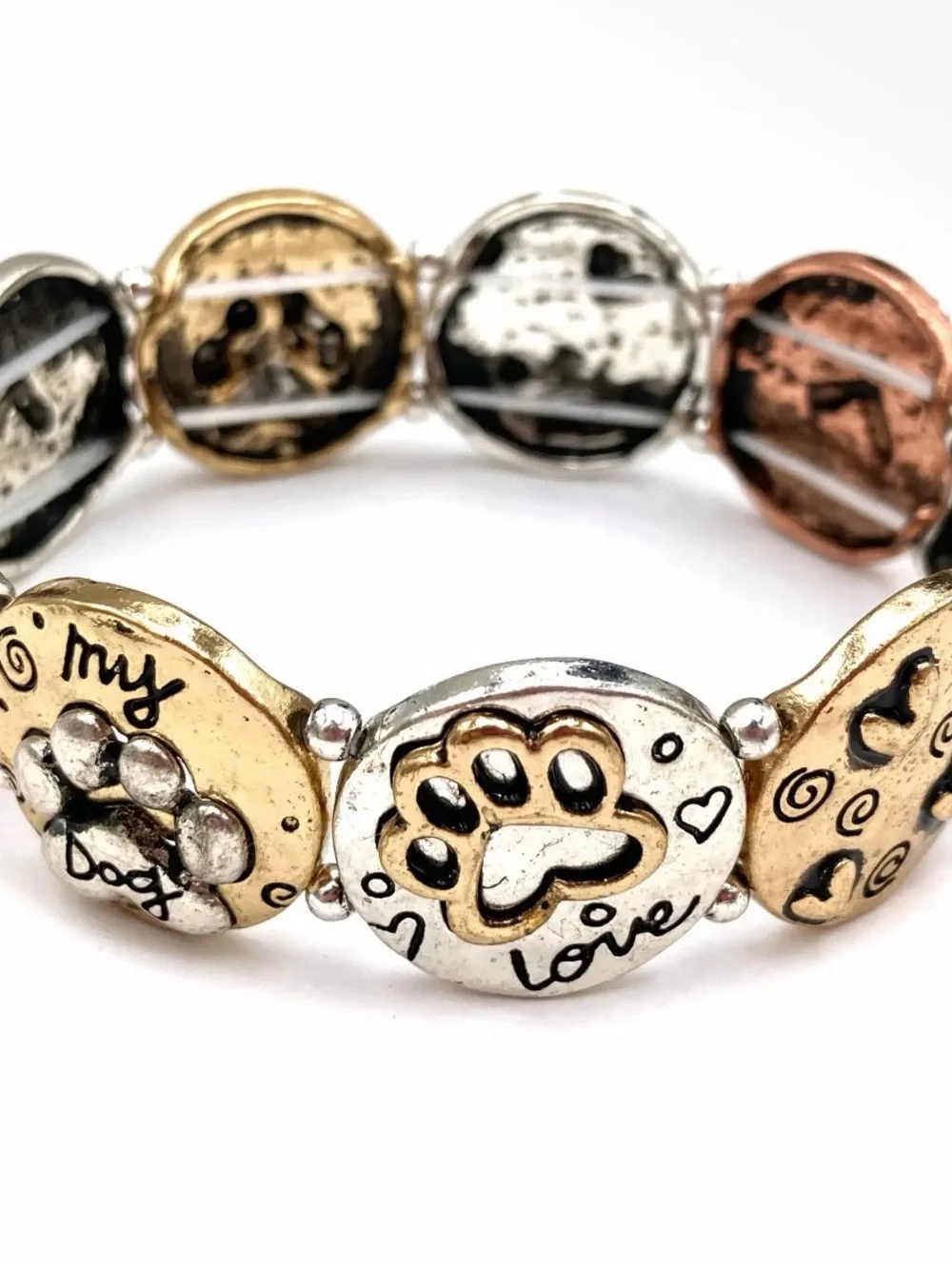 NWT Love My Dog Paw Charm Stretch Bracelet Silver, Gold & Copper